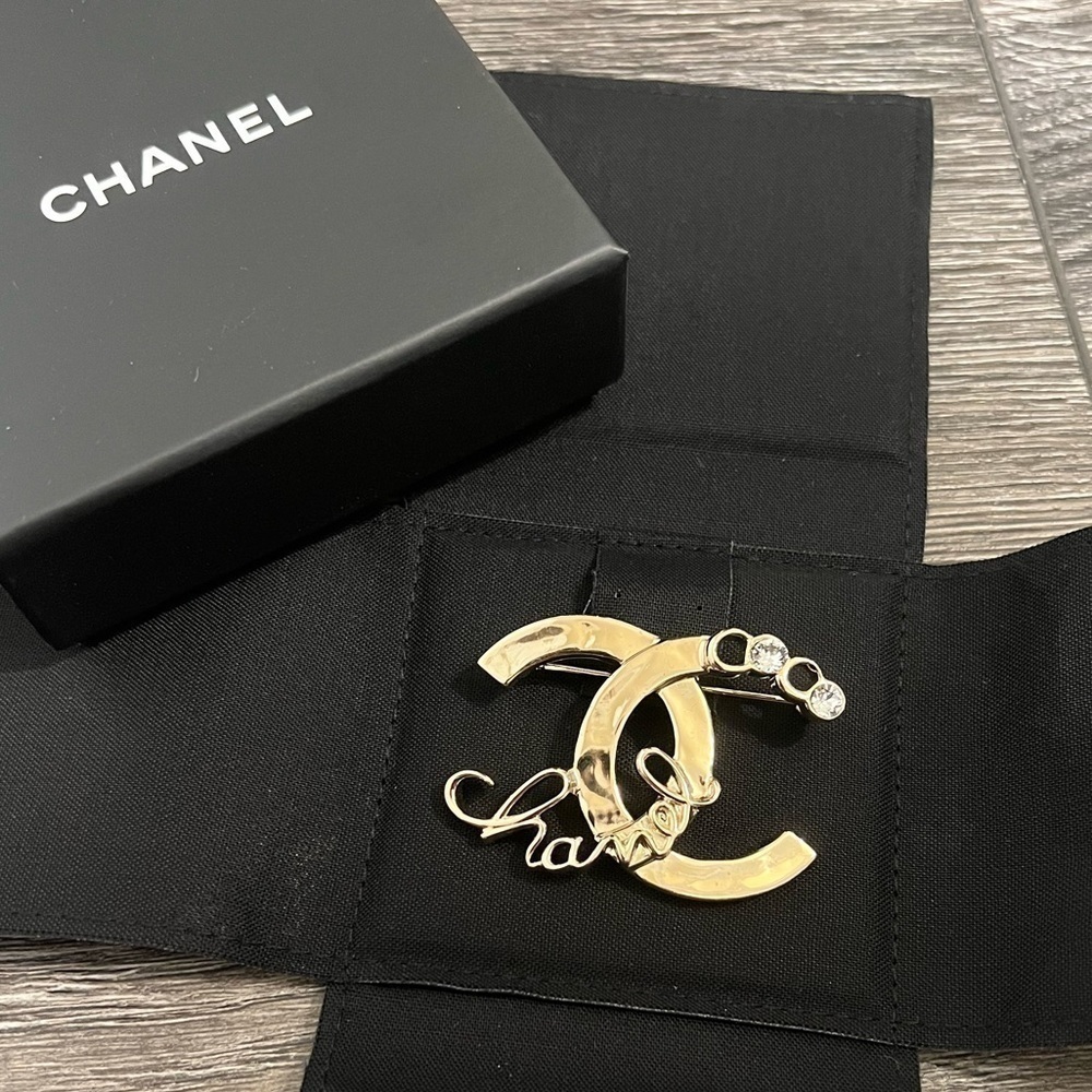 Chanel Crystal Coco Script Brooch Light Gold - Au… - image 1